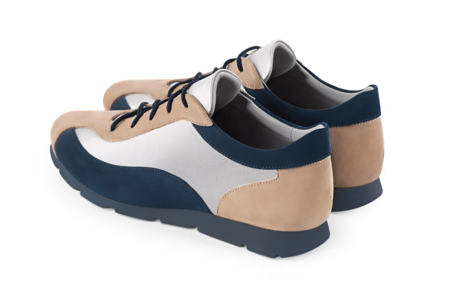 Biscuit beige, light silver and navy blue women's three-tone elegant sneakers. Round toe. Flat rubber soles. Rear view - Florence KOOIJMAN